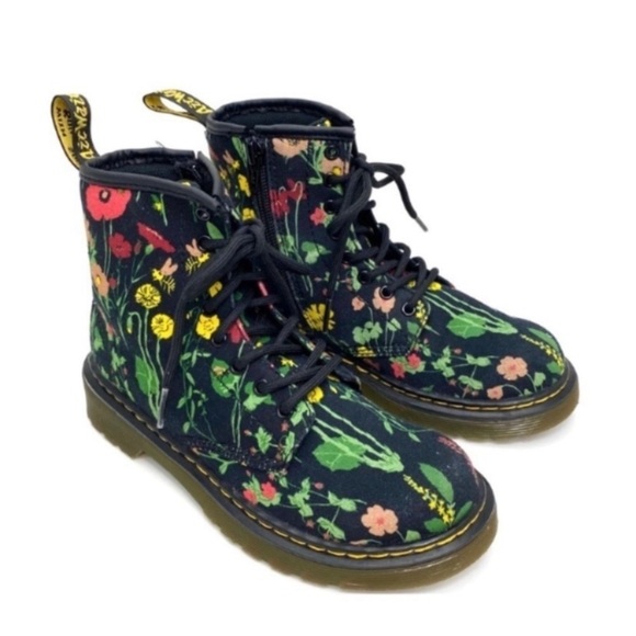 DR.MARTENS Juniors 1460 Wild Botanics Floral Fine Canvas Moto Boot Black Size 2J - Picture 11 of 11